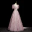 Bling Bling Sky Blue Ruffle Beading Prom Dresses 2023 A-Line / Princess Square Neckline Short Sleeve Backless Floor-Length / Long Prom Formal Dresses