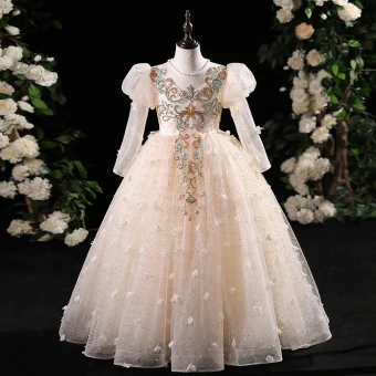 Chic Belle Champagne Perlage Perle Paillettes Appliques Anniversaire Robe Ceremonie Fille 2024 Princesse Encolure Dégagée Manches Longues Dos Nu Longue