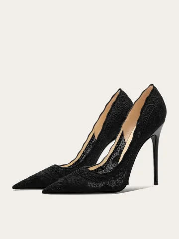 Vintage Zwarte Kant Bloem Avond Pumps 2024 Leer 10 Cm Naaldhakken Stiletto Spitse Neus Pumps Hoge Hakken