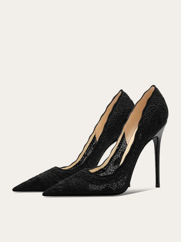 Vintage Zwarte Kant Bloem Avond Pumps 2024 Leer 10 cm Naaldhakken / Stiletto Spitse Neus Pumps Hoge Hakken