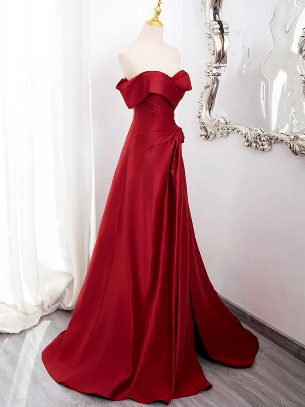 Schöne Burgunderrot Gespaltete Front Satin Ballkleider 2024 A Linie Off Shoulder Ärmellos Rückenfreies Lange Ball Festliche Kleider