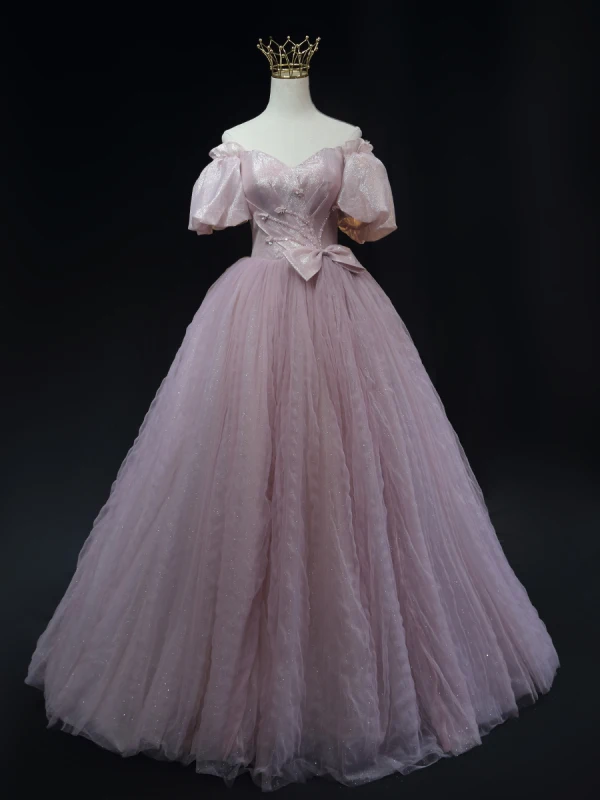 Charmant Rosa Perlenstickerei Pailletten Ballkleider 2023 A Linie Off Shoulder Geschwollenes Kurze Ärmel Rückenfreies Schleife Lange Ball Festliche Kleider
