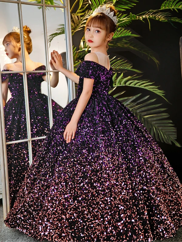 Sparkly Purple Sequins Birthday Flower Girl Dresses 2024 Ball Gown Scoop Neck Short Sleeve Backless Floor-Length / Long