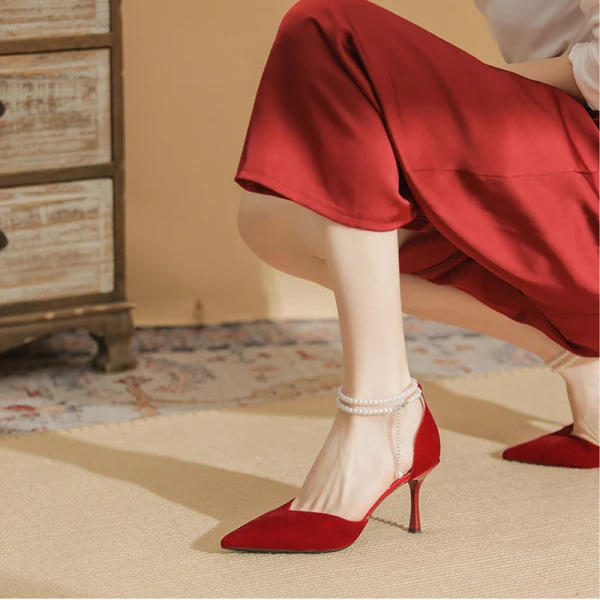 Fashion Red Prom Womens Sandals 2023 Pearl Ankle Strap 8 cm Stiletto Heels Pointed Toe Sandals High Heels