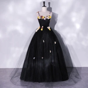 Classique Noire En Dentelle Fleur Robe De Bal 2022 Princesse Bretelles Spaghetti Sans Manches Dos Nu Longue Promo Robe De Ceremonie