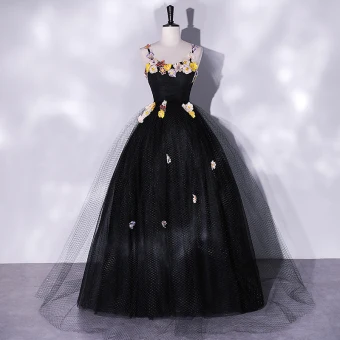 Classique Noire En Dentelle Fleur Robe De Bal 2022 Princesse Bretelles Spaghetti Sans Manches Dos Nu Longue Promo Robe De Ceremonie