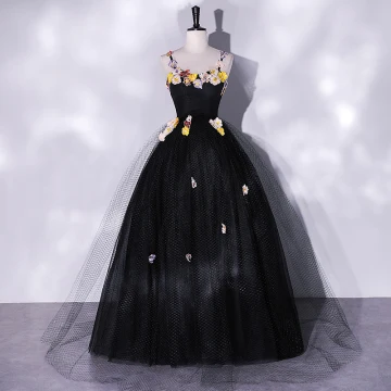 Classique Noire En Dentelle Fleur Robe De Bal 2022 Princesse Bretelles Spaghetti Sans Manches Dos Nu Longue Promo Robe De Ceremonie