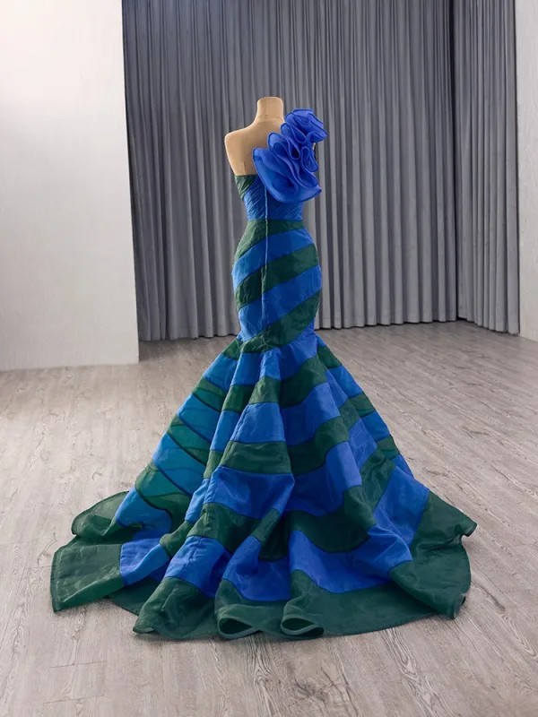 Haut de Gamme Deux tons Océan Bleu En Dentelle Fleur Appliques Robe De Bal 2025 Trompette / Sirène Une épaule Sans Manches Dos Nu Train De Balayage Tulle Robe De Ceremonie