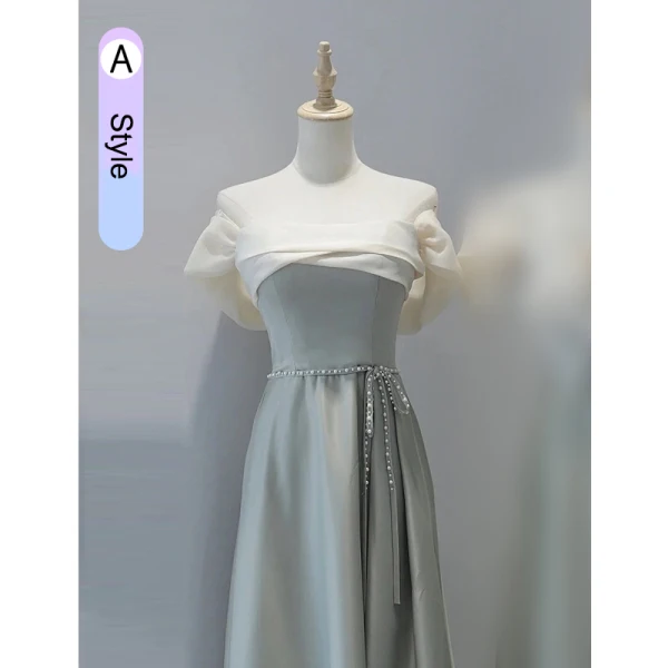 Modest / Simple Grey Bow Bridesmaid Dresses 2023 A-Line / Princess Off-The-Shoulder Short Sleeve Backless Pearl Sash Floor-Length / Long Prom Bridesmaid Dresses