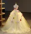 Elegant Yellow Rhinestone Appliques Cascading Ruffles Prom Dresses 2023 Ball Gown Strapless Sleeveless Backless Floor-Length / Long Prom Formal Dresses