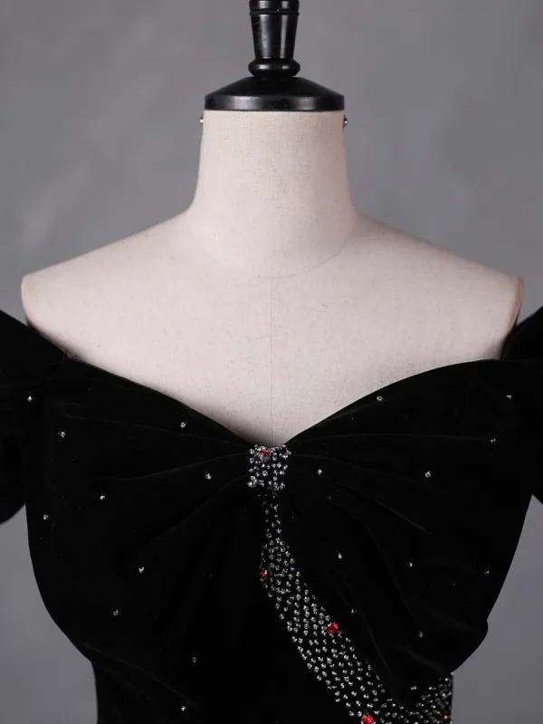 Charming Black Glitter Beading Velvet Prom Dresses Ball Gown 2023 Off-The-Shoulder Short Sleeve Backless Floor-Length / Long Prom Formal Dresses