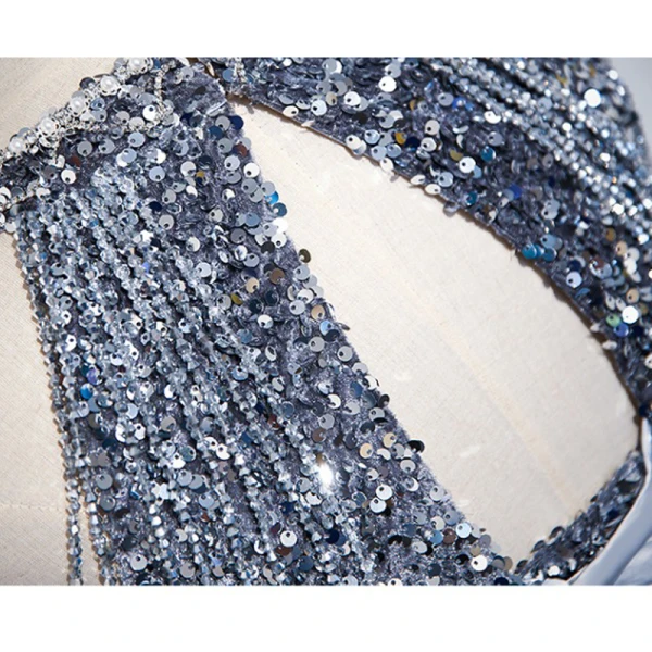 Glitzernden Meeresblau Perlenstickerei Pailletten Quaste Abendkleider 2023 Meerjungfrau Neckholder Ärmellos Rückenfreies Sweep / Pinsel Zug Abend Festliche Kleider