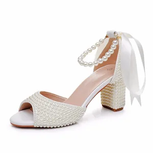 Elegant Beige Pearl Ankle Strap Bow Wedding Shoes 2024 7 Cm Thick Heels Open Peep Toe Wedding Sandals High Heels