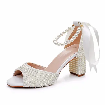 Elegant Beige Pearl Ankle Strap Bow Wedding Shoes 2024 7 Cm Thick Heels Open Peep Toe Wedding Sandals High Heels