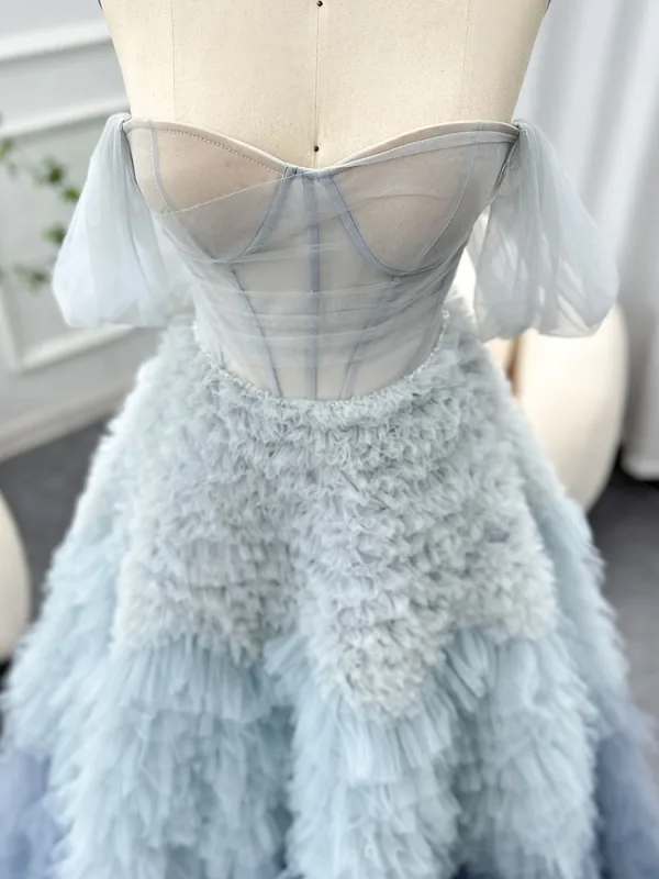 Charming Sky Blue Pleated Prom Dresses 2025 A-Line / Princess Strapless Sleeveless Backless Floor-Length / Long Formal Dresses