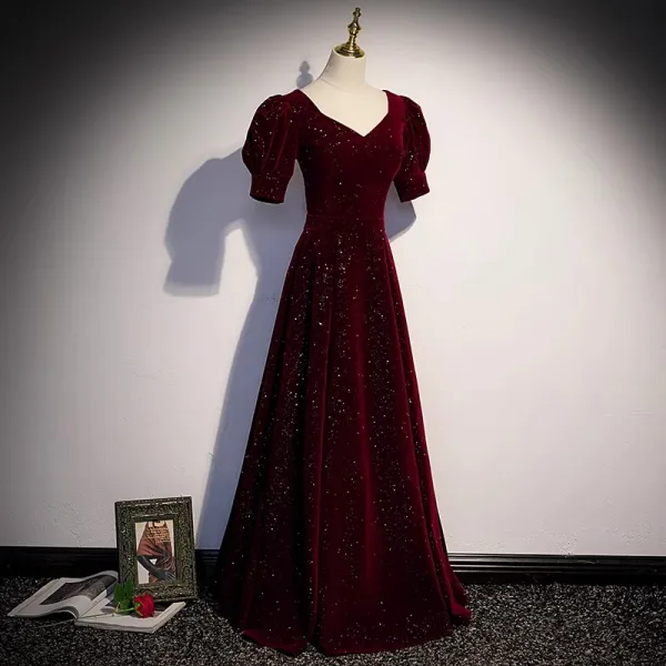Vintage / Retro Burgundy Sequins Velvet Prom Dresses 2023 A-Line / Princess Square Neckline Short Sleeve Backless Floor-Length / Long Formal Dresses