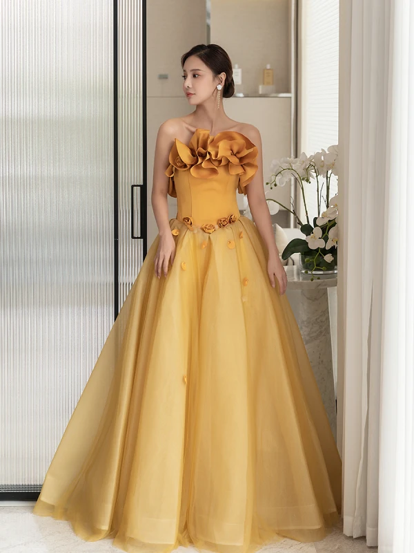 Fashion Appliques Yellow Prom Dresses 2023 A-Line / Princess Strapless Sleeveless Backless Floor-Length / Long Prom Formal Dresses