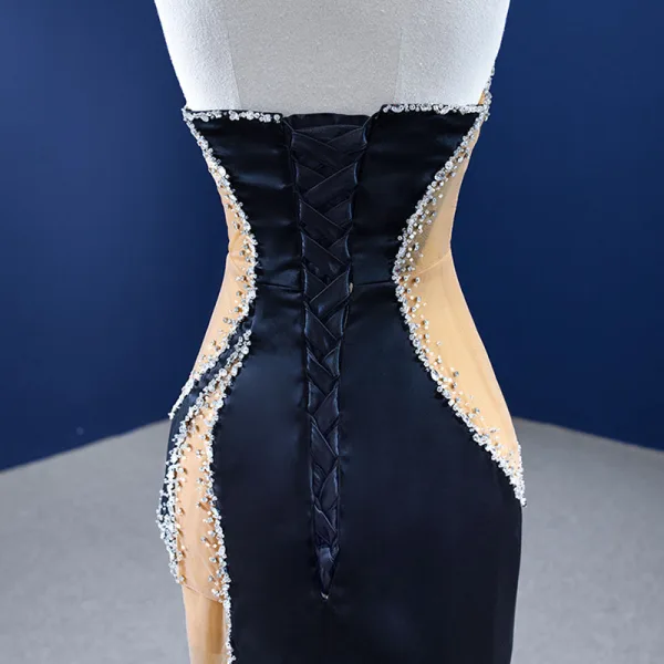 Haut de Gamme Noire Perlage Paillettes Robe De Soirée 2022 Trompette / Sirène Bustier Sans Manches Dos Nu Longue Soirée Robe De Ceremonie