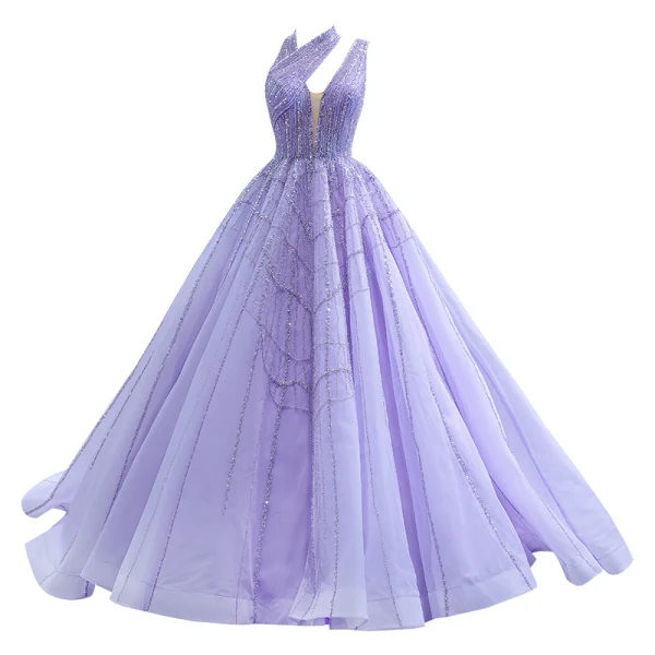 High End Charmant Lavendel Handgefertigt Perlenstickerei Pailletten Ballkleider 2023 Ballkleid Neckholder Ärmellos Rückenfreies Hof-Schleppe Ball Festliche Kleider