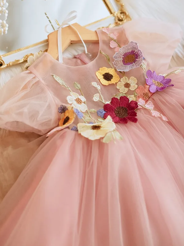 Chic / Beautiful Blushing Pink Short Lace Flower Bow Birthday Flower Girl Dresses 2024 Ball Gown Scoop Neck Short Sleeve Tulle
