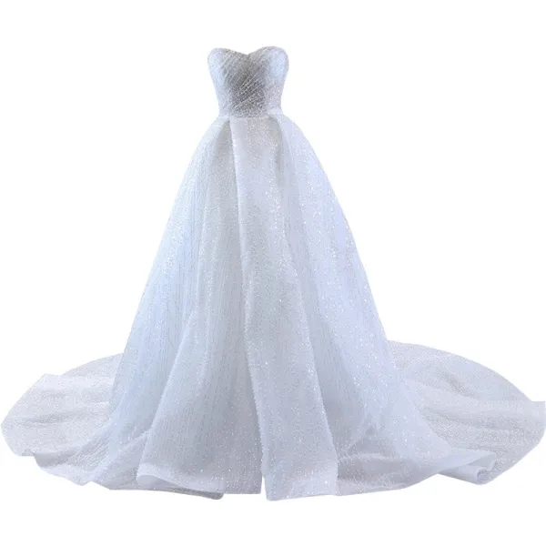 High End Glitzernden Weiß Perlenstickerei Perle Pailletten Brautkleider / Hochzeitskleider 2023 A Linie Bandeau Ärmellos Rückenfreies Hof-Schleppe Hochzeit