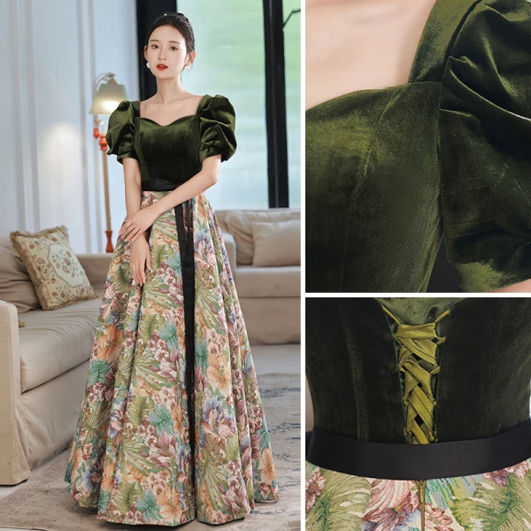 Elegant Dark Green Printing Prom Dresses 2022 A-Line / Princess Square Neckline Puffy Short Sleeve Backless Bow Sash Floor-Length / Long Prom Formal Dresses