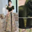 Elegant Dark Green Printing Prom Dresses 2022 A-Line / Princess Square Neckline Puffy Short Sleeve Backless Bow Sash Floor-Length / Long Prom Formal Dresses