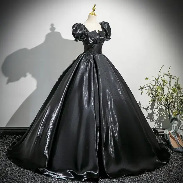 Elegant Black Lace Flower Prom Dresses 2025 Ball Gown Square Neckline Puffy Short Sleeve Backless Sweep Train Prom Formal Dresses