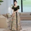 Elegant Dark Green Printing Prom Dresses 2022 A-Line / Princess Square Neckline Puffy Short Sleeve Backless Bow Sash Floor-Length / Long Prom Formal Dresses