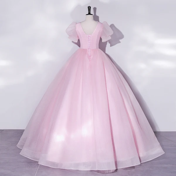 Elegant Blushing Pink Prom Dresses Ball Gown 2022 Scoop Neck Puffy Short Sleeve Backless Floor-Length / Long Prom Formal Dresses