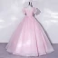 Elegant Blushing Pink Prom Dresses Ball Gown 2022 Scoop Neck Puffy Short Sleeve Backless Floor-Length / Long Prom Formal Dresses