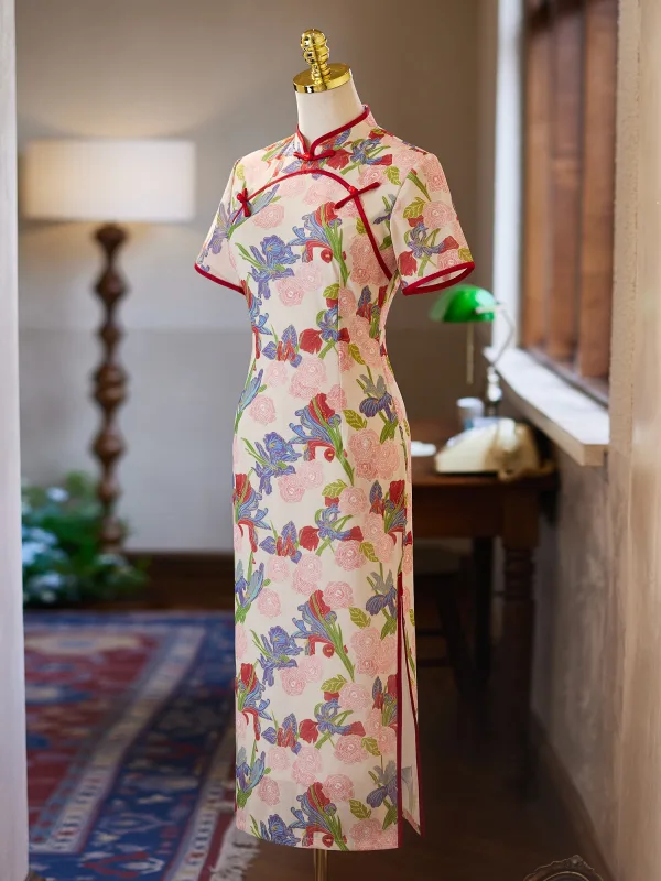 Chinesischer Stil Multifarben Drucken Abend Cheongsam 2025 Meerjungfrau Stehkragen Kurze Ärmel Lange