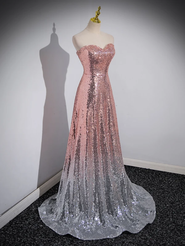 Glitzernden Farbverlauf Rosa Pailletten Abendkleider 2023 A Linie Bandeau Ärmellos Rückenfreies Sweep / Pinsel Zug Abend Festliche Kleider