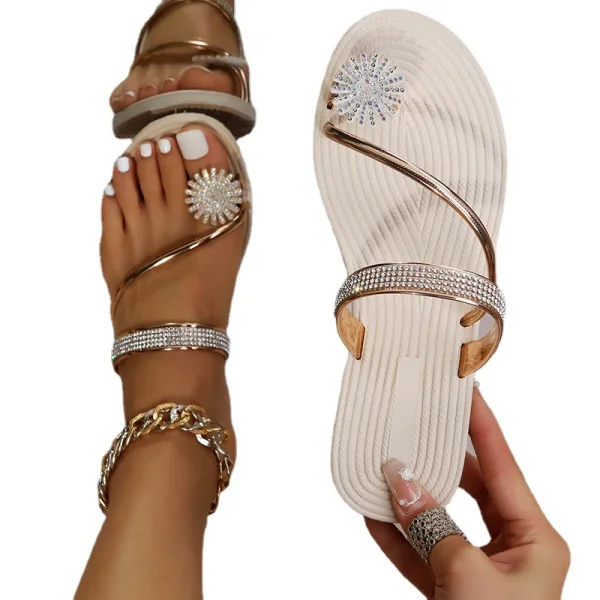 Fashion Gold Summer Beach Rhinestone Womens Sandals 2022 Open / Peep Toe Flat Sandals