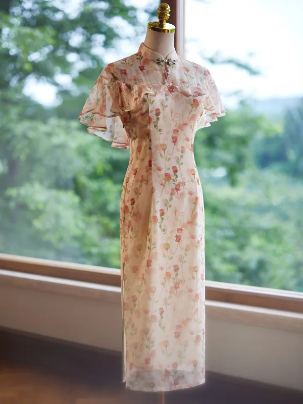 Style Chinois Chic / Belle Beige Impression Cheongsam 2024 Trompette / Sirène Col Haut Manches Courtes Longue