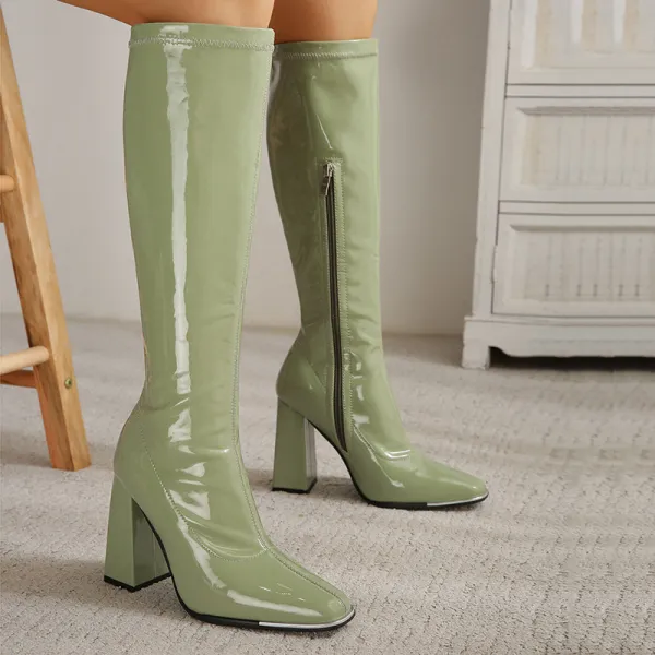 Mode Salbeigrün Strassenmode Herbst Winter Stiefel Damen 2023 8 cm Thick Heels Quadratische Zehe Stiefel Damen