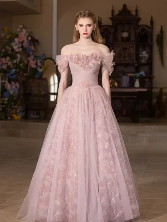 Schöne Rosa Applikationen Ballkleider 2025 A Linie Off Shoulder Kurze Ärmel Rückenfreies Lange Festliche Kleider