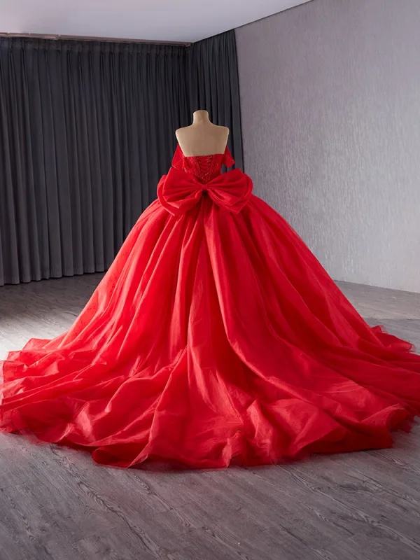 Luxury / Gorgeous Red Handmade  Beading Wedding Dresses 2024 Ball Gown Off-The-Shoulder Sleeveless Backless Bow Chapel Train Wedding