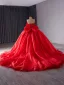 Luxury / Gorgeous Red Handmade  Beading Wedding Dresses 2024 Ball Gown Off-The-Shoulder Sleeveless Backless Bow Chapel Train Wedding