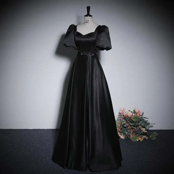 Elegant Black Satin Prom Dresses 2023 A-Line / Princess Pearl Square Neckline Puffy Short Sleeve Backless Floor-Length / Long Prom Formal Dresses