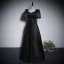 Elegant Black Satin Prom Dresses 2023 A-Line / Princess Pearl Square Neckline Puffy Short Sleeve Backless Floor-Length / Long Prom Formal Dresses