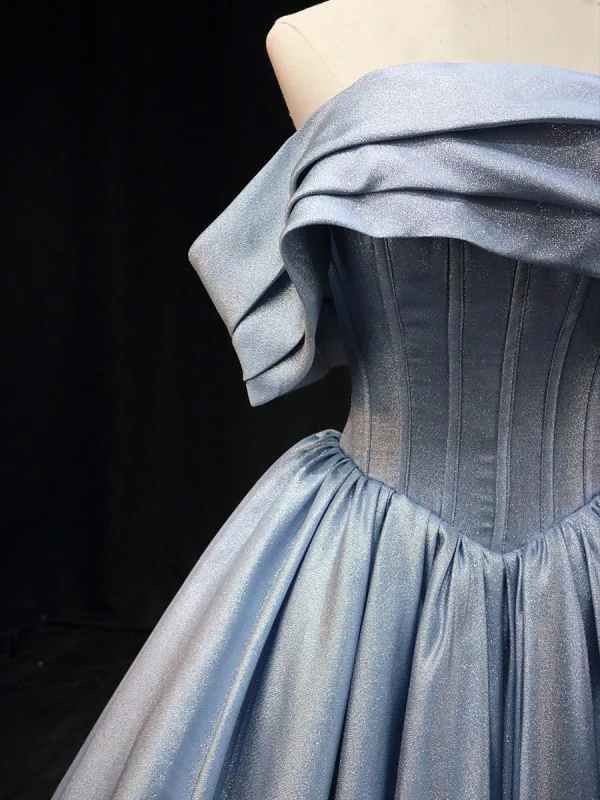 Chic / Beautiful Sky Blue Off-The-Shoulder Prom Dresses 2025 Ball Gown Short Sleeve Backless Floor-Length / Long Prom Formal Dresses