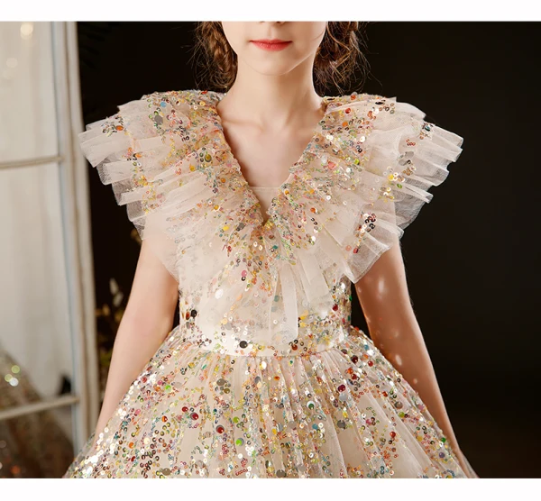 Bling Bling Multi-Colors Sequins Champagne Birthday Flower Girl Dresses 2024 Ball Gown V-Neck Sleeveless Floor-Length / Long