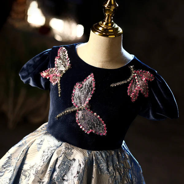 Chic / Beautiful Navy Blue Beading Sequins Birthday Flower Girl Dresses 2022 Ball Gown Scoop Neck Short Sleeve Floor-Length / Long Flower Girl Dresses
