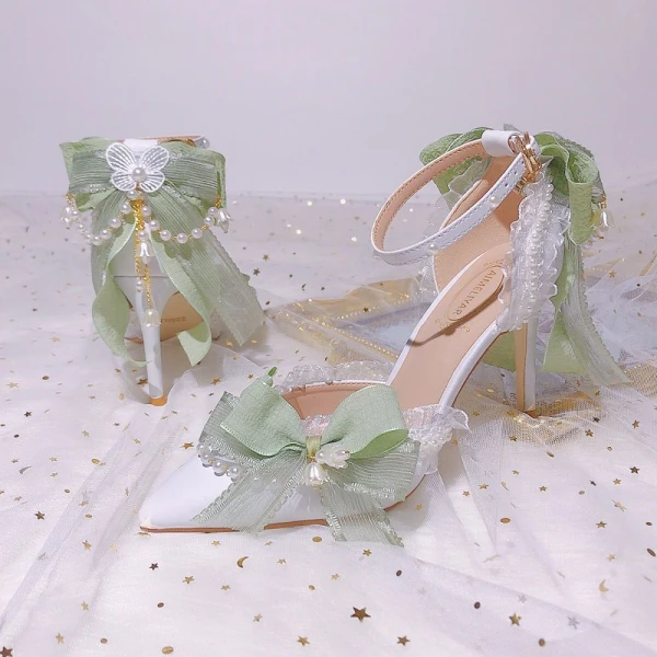 Fashion Sage Green Pearl Bow Prom Womens Sandals 2024 Ankle Strap 9 cm Stiletto Heels Pointed Toe Womens Shoes High Heels