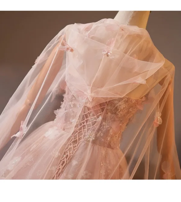 Fabelhaft Rosa Perlenstickerei Perle Pailletten Applikationen Ballkleider 2025 Ballkleid Bandeau Mantel Ärmellos Rückenfreies Lange Tülle Ball
