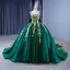 High-end Dark Green Sequins Lace Flower Appliques Prom Dresses 2023 Ball Gown Square Neckline Sleeveless Backless Bow Royal Train Prom Formal Dresses