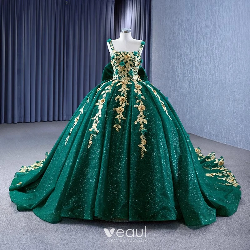 High-end Dark Green Sequins Lace Flower Appliques Prom Dresses 2023 Ball  Gown Square Neckline Sleeveless Backless Bow Royal Train Prom Formal Dresses