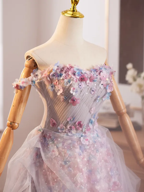 Flower Fairy Blushing Pink Star Sequins Multi-Colors Appliques Prom Dresses 2025 Ball Gown Off-The-Shoulder Sleeveless Backless Floor-Length / Long Formal Dresses