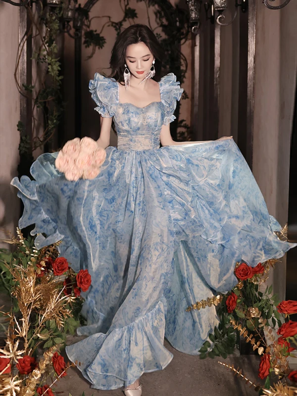 Fashion Sky Blue Printing Prom Dresses 2024 A-Line / Princess Square Neckline Short Sleeve Backless Floor-Length / Long Prom Formal Dresses